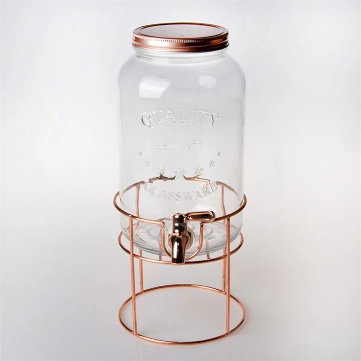 Glass Drink Dispenser with Metal Rose Gold Holder